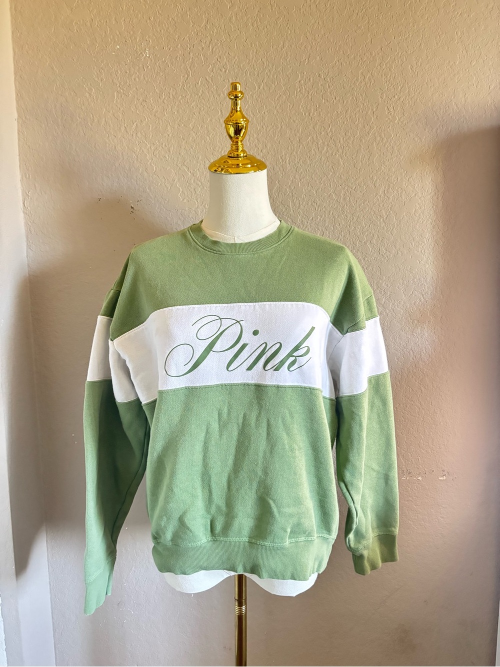 PINK Olive Green & White Block Crewneck Sweatshirt